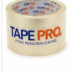 Rolo de fita adesiva transparente com marca impressa em laranja e azul